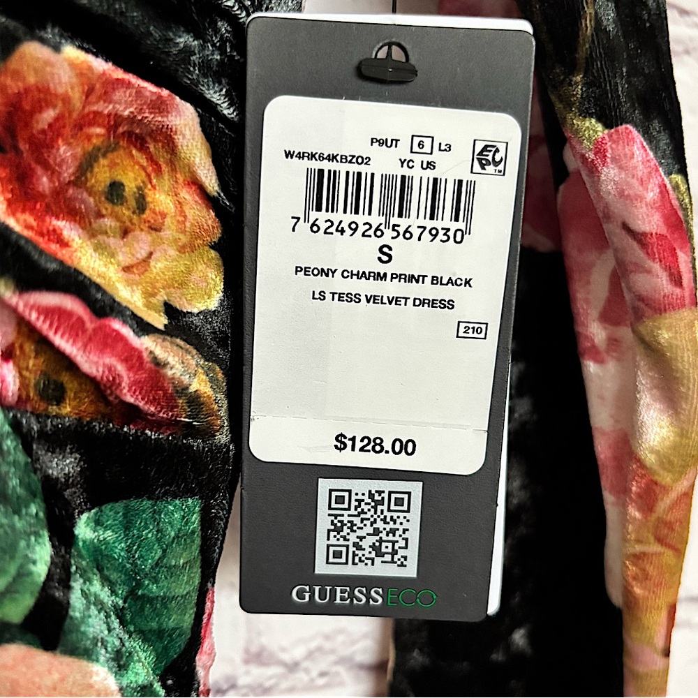 GUESS Eco Tess Peony Charm Print Long Sleeve Velvet Mini Dress--NWT--S - Picture 12 of 16